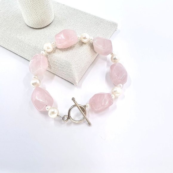 Rose Quartz Nugget & Freshwater Pearl Silver Tone Toggle Clasp 8” Bracelet - Picture 2 of 6